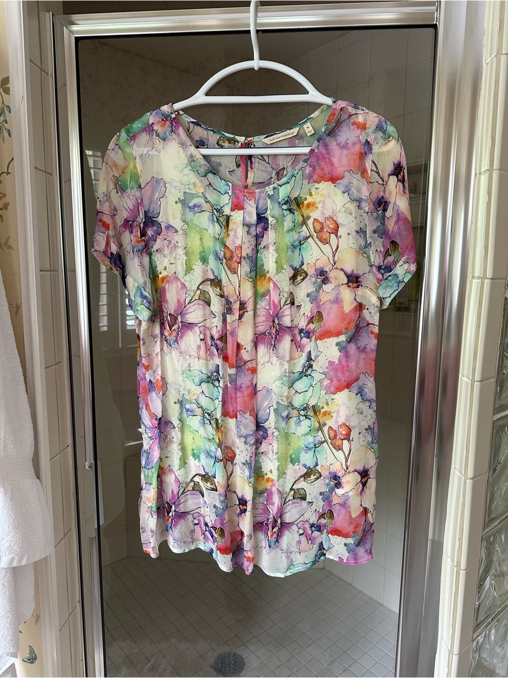 Soft Surroundings Multicolor Watercolor Floral Short Sleeve Blouse